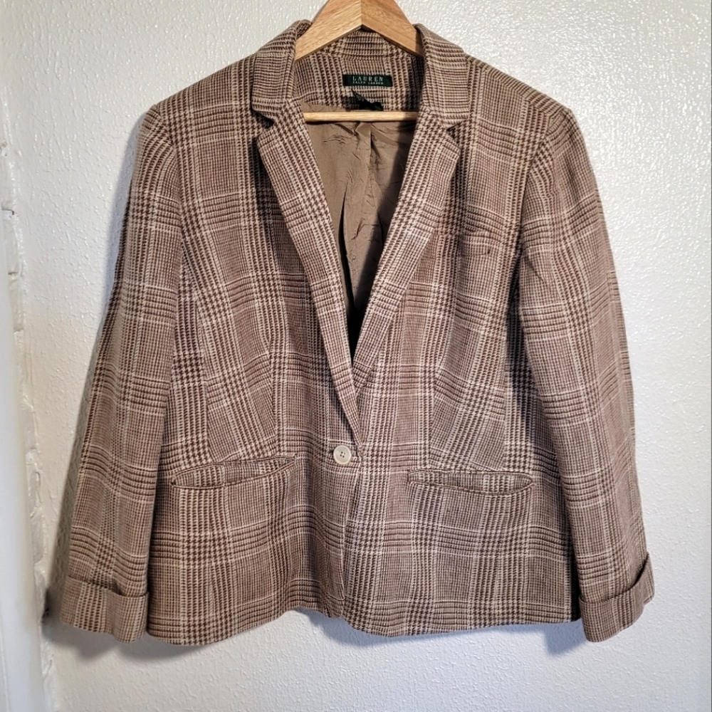 Lauren Ralph Lauren Woven Tweed 100% Linen Plaid 1-Button Blazer sz 20W Brown